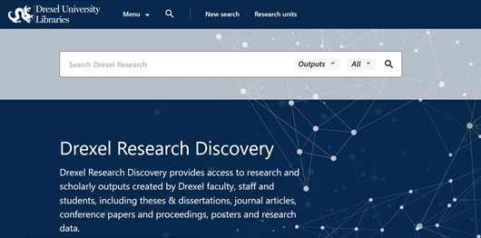 Screenshot of the Drexel Research Discovery portal homescreen